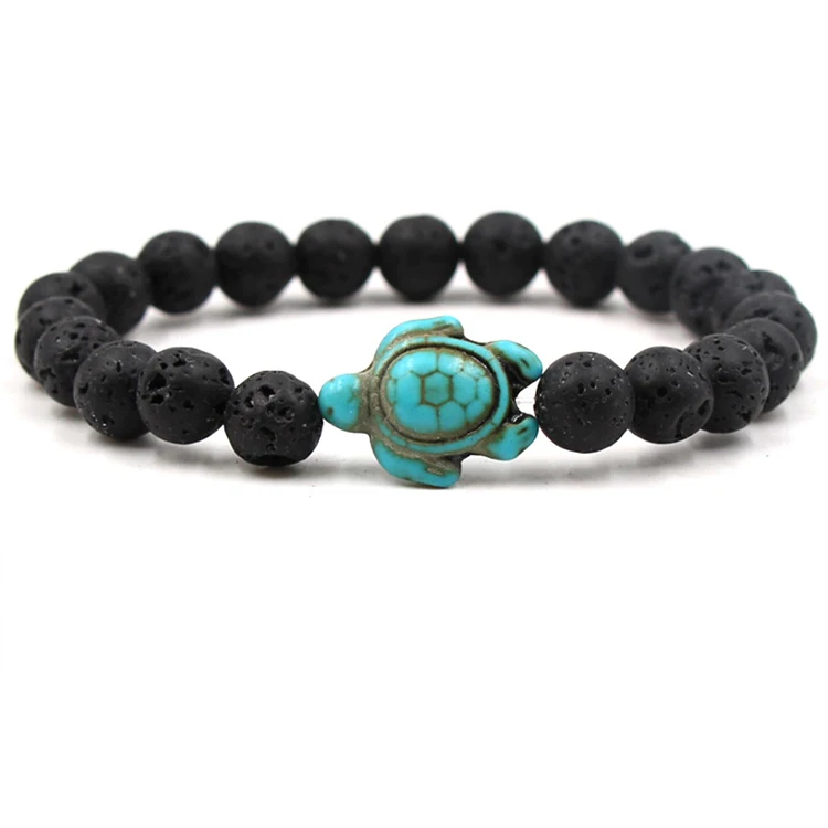 

Turtle Charm Bangle 8mm Black Lava Stone Beads Bracelet For Essential Oil Diffuser Bracelets Stretch Yoga Jewelry (KB8069), As picture