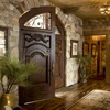 Rustic craftsman double solid wooden entrance doors with art glass arch top