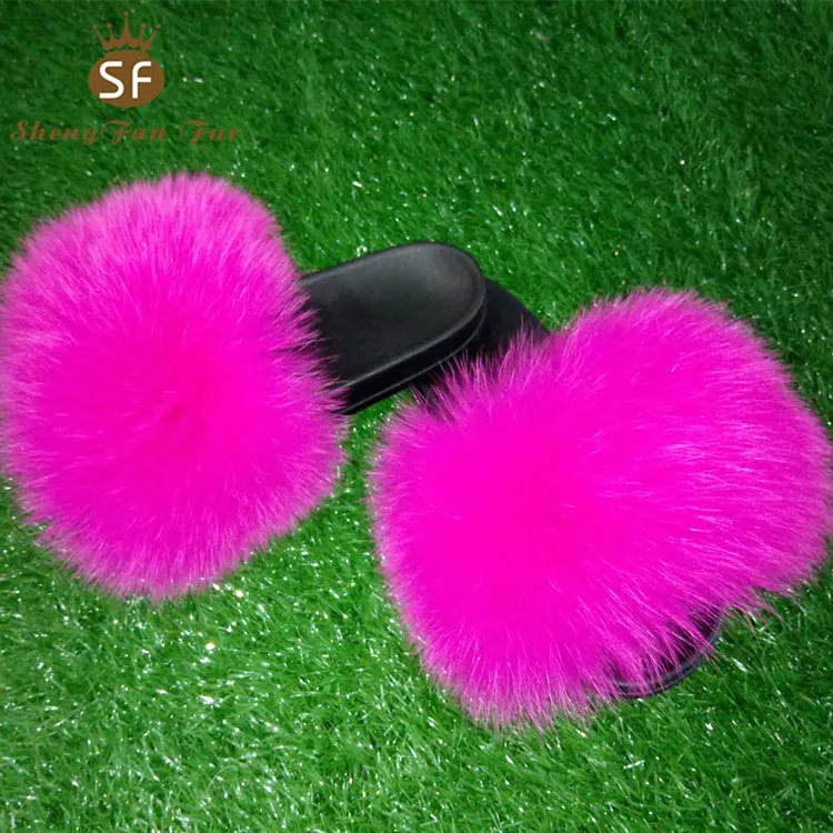 

china wholesale custom Indoor Home animal skin Soft Sole Slipper rubber material 100% Fox Fur Slippers, Black,gray,blue,red or as customers' requirement