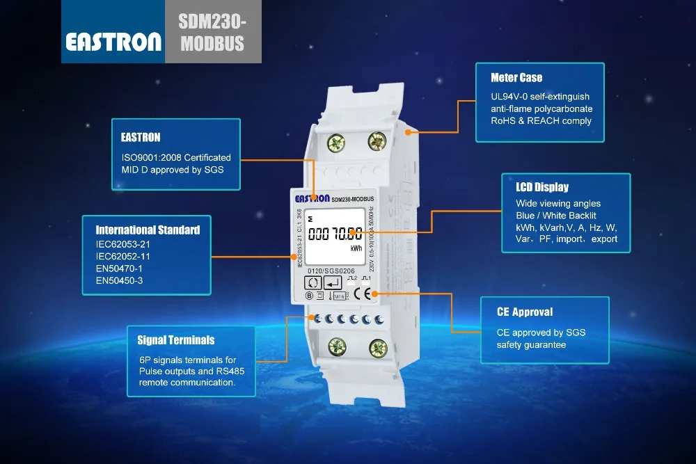 SDM230 Modbus MID Single Phase Two Wire Energy Meter RS485 Modbus RTU ...