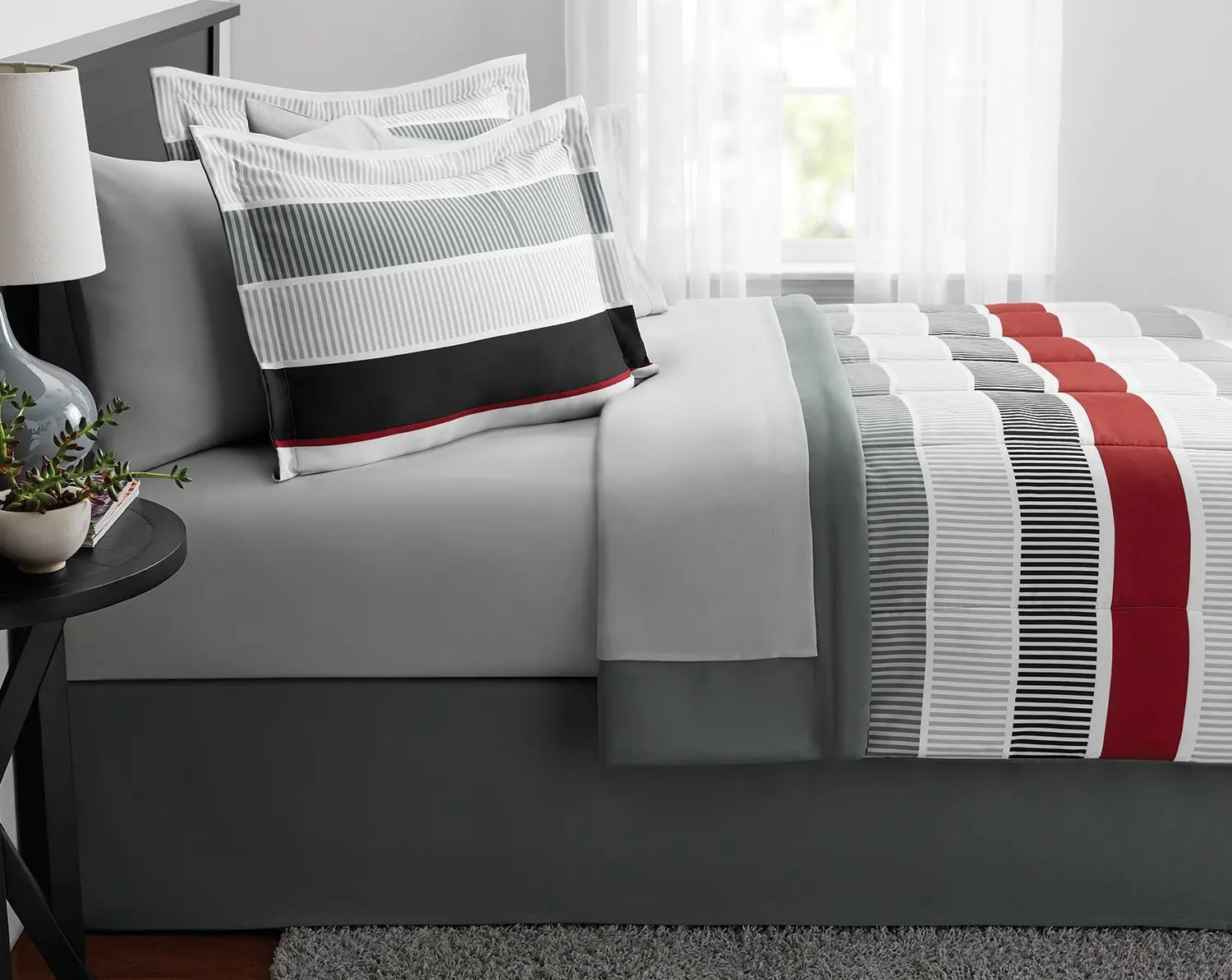 Buy 4 Piece Full Queen Grey Red Striped Comforter Set Geometric