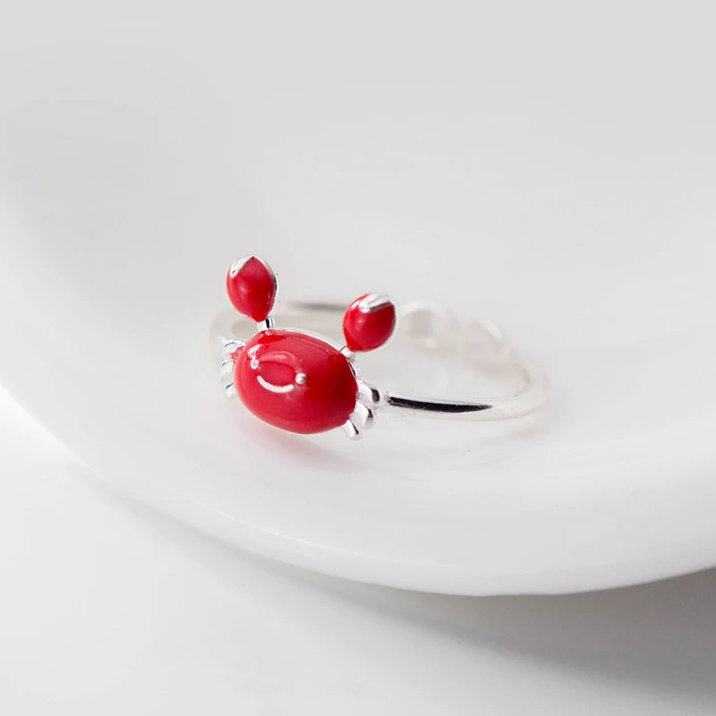 

2019 Fashion Red Painted Crab Rings For Women 925 Sterling Silver Animal Jewelry