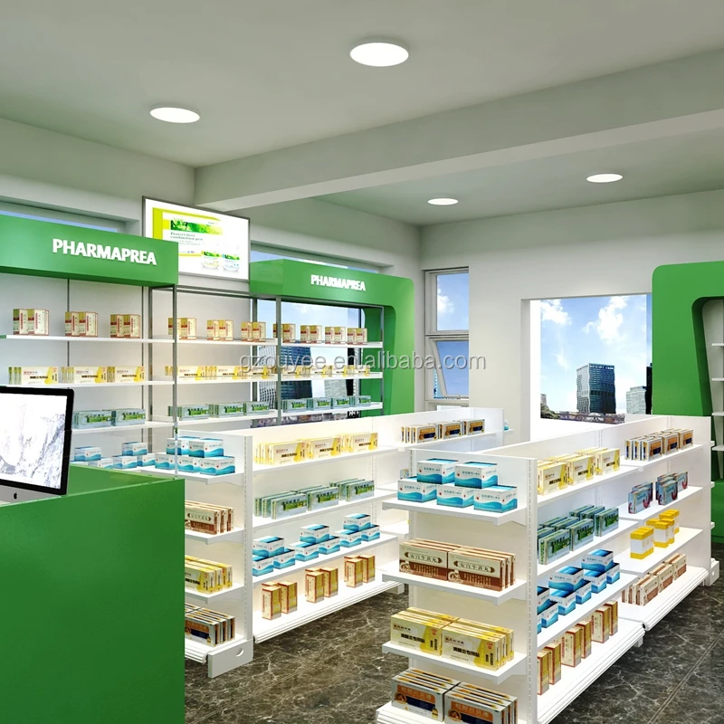 Fashion Wooden Pharmacy Rack Display Design For Medical Store