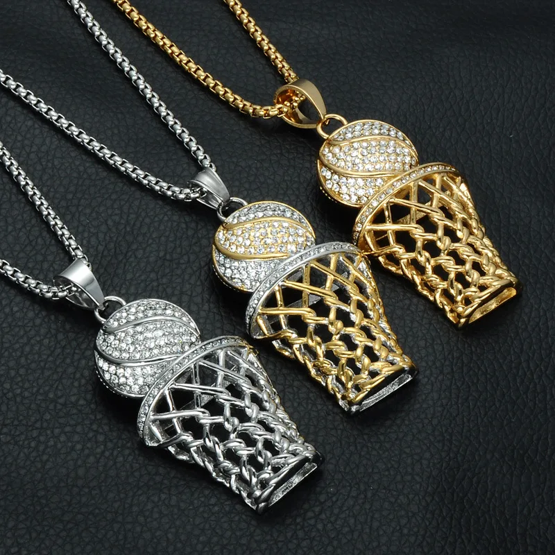 

European hiphop stainless steel necklace crystal basketball cage pendant, Gold