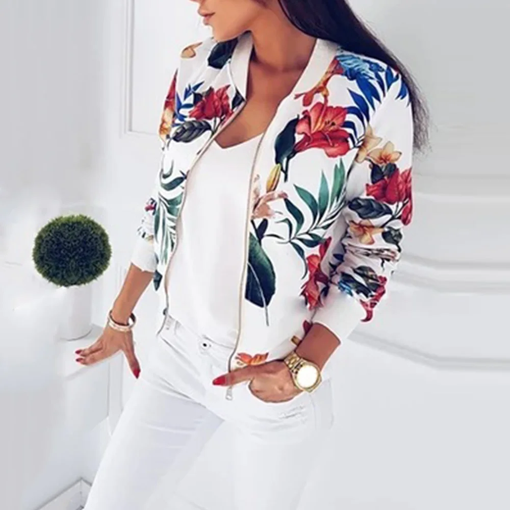 

Autumn Women New Fashion Slim Floral Zipper Long Sleeve Short Coat Baseball Jacket