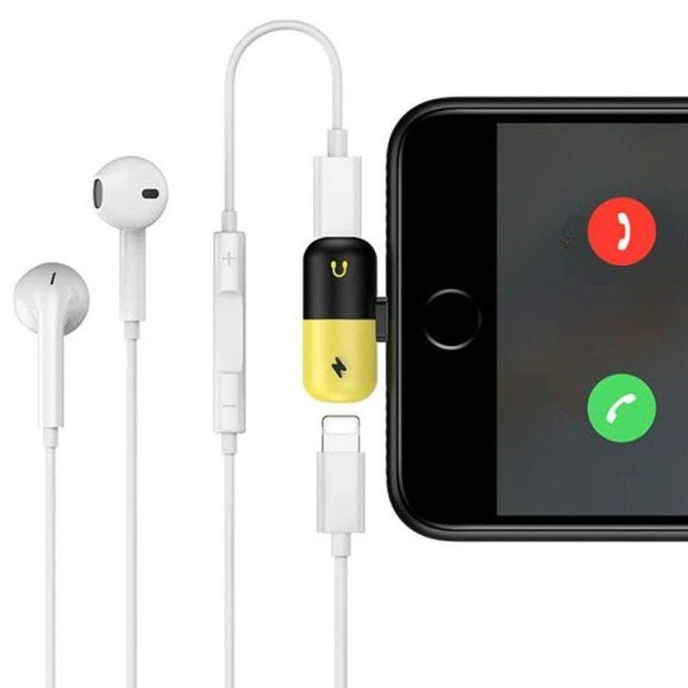 

2019 capsule I-phone charging and listening capsule shape adapter converter 2 in 1 charger audio headphone jack pill splitter, Black+yellow/white+blue