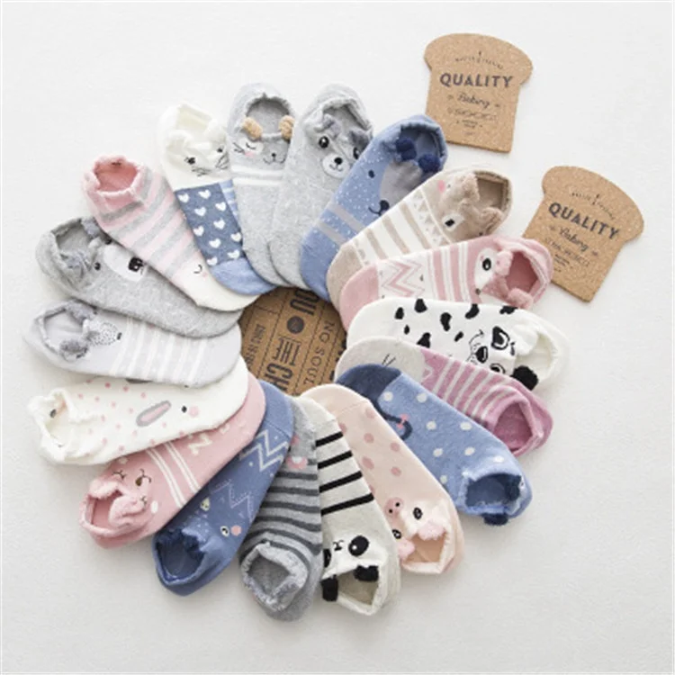 

Wholesale spring and summer cartoon cute cotton female socks striped cartoon spots invisible socks ankle stereo ear girls socks, Custom color