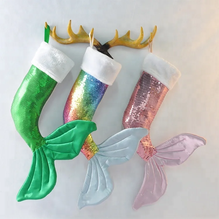 

SJ073 BSCI Manufacturer Colorful Mermaid Large Christmas Stocking Ideas Bling OEM Designed, Multicolors