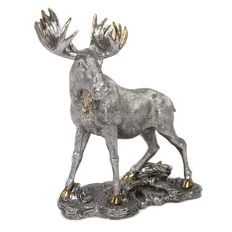 Realistic Elk Exquisite Sculpture Figurine Silver Poly Resin Deer Head