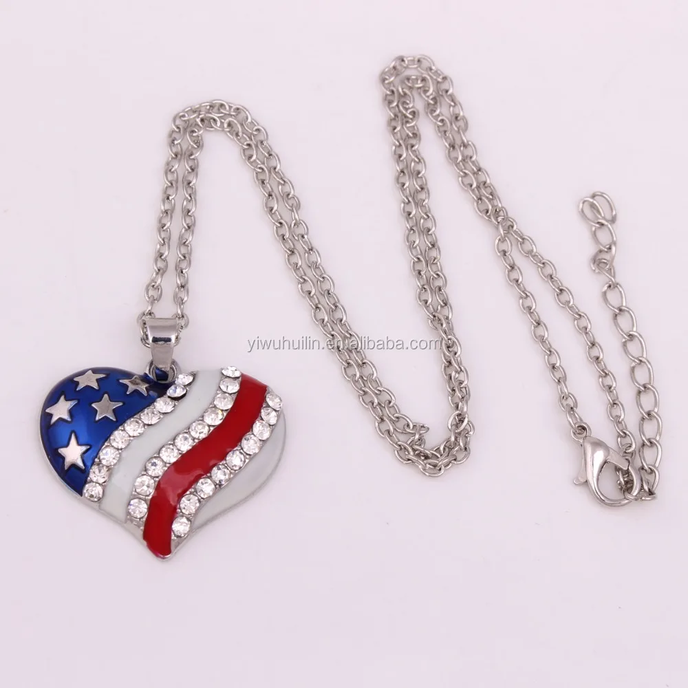 

NH160 The United States Jewelry Heart Shape Design Enamel America USA Flag Long Link Necklace