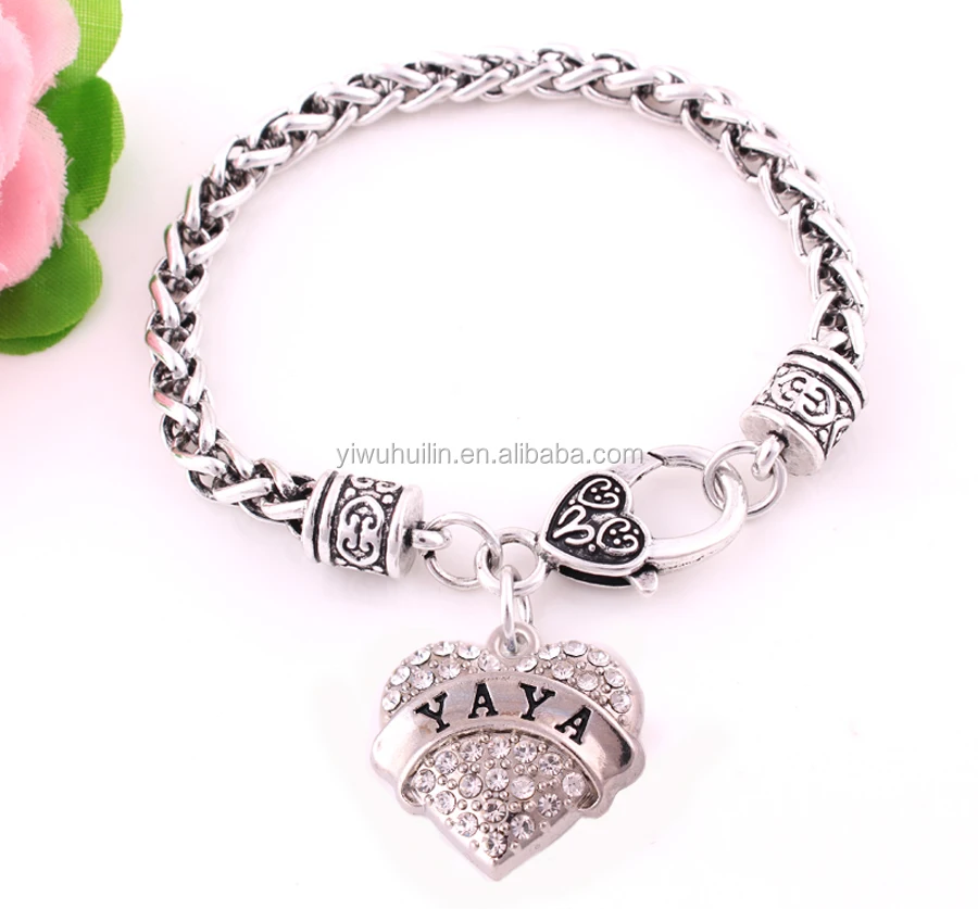 

Fashion Colorful Crystal Rhinestone Heart shape YAYA Letter Pendant link lobster wheat chain bracelet