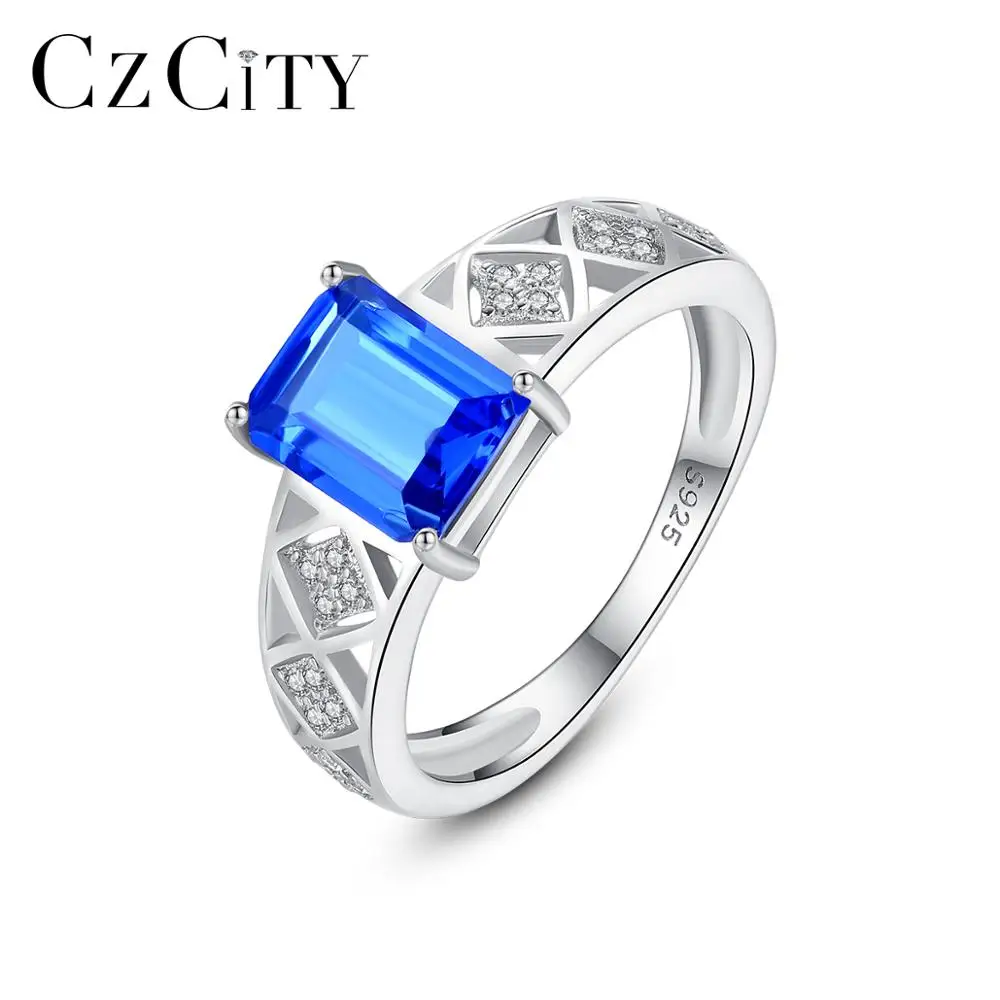 

CZCITY Silver 925 Knuckle Square S925 Luxury Cool Sapphire Gemstone Jewelry Charm Woman Geometric Ring