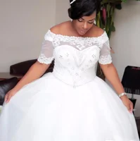 

2020 New Style Appliqued Beaded plus size Puffy Lace Short Sleeve Ball Gown wedding dresses MWA06