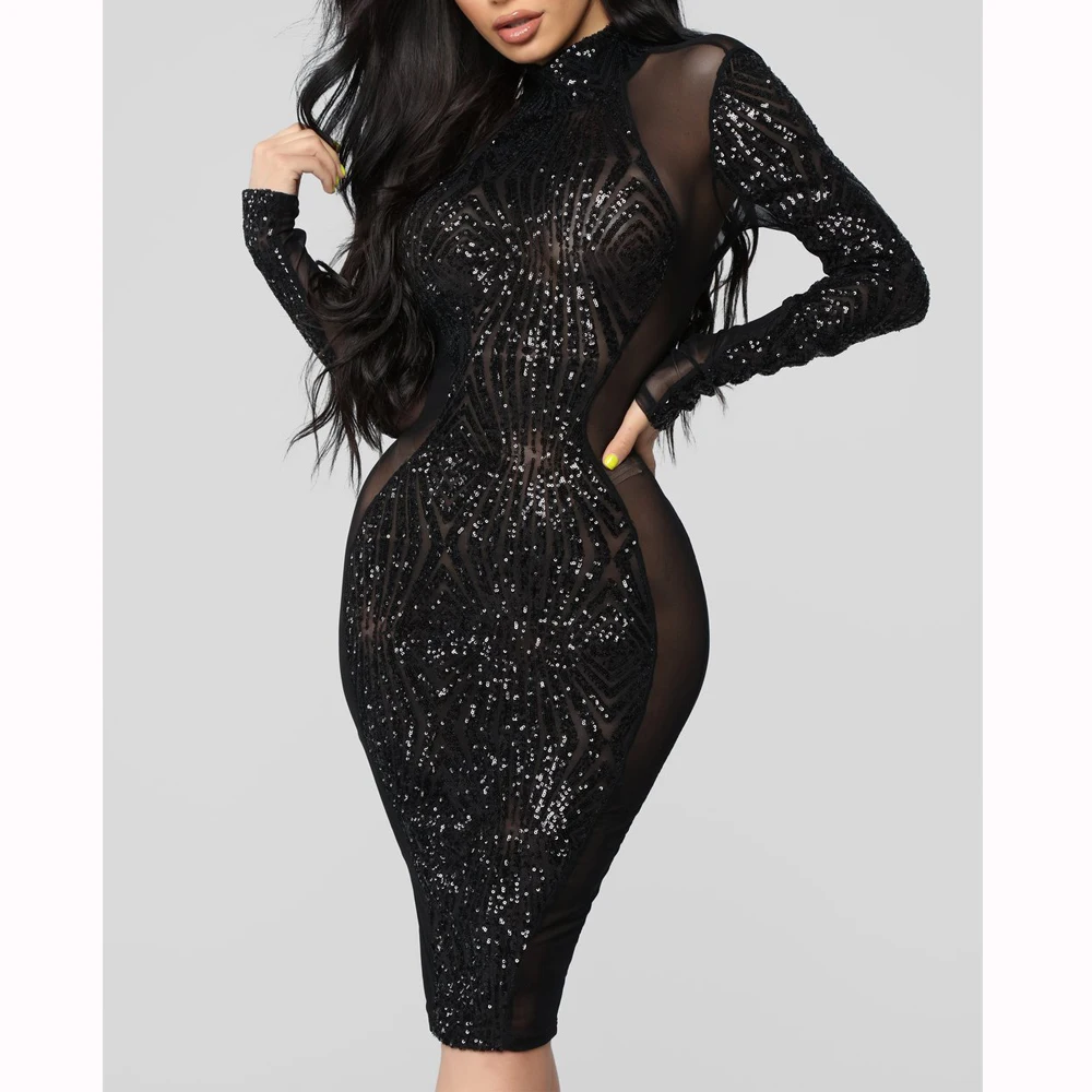 

2019 Sexy&Club Sheath Black Full Sleeve Turtleneck Winter Backless Women Dress Evening Party Dress, Shown