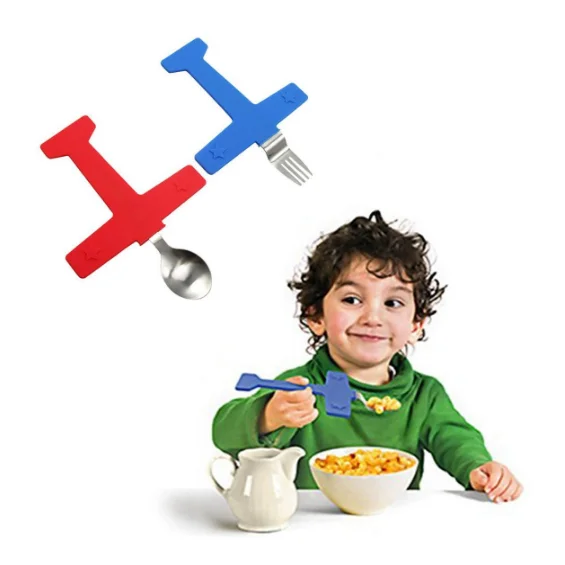 

2Piece/Set Stainless Steel Feeding Fork Spoon with silicone handle Airplane Shaped for Children, Pantone color