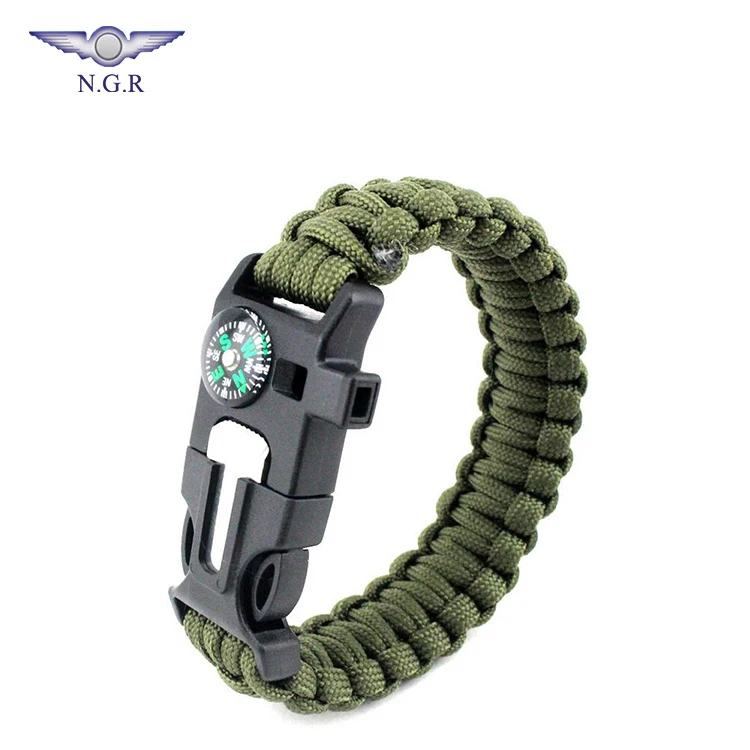 

Factory hot selling 550 survival bracelet with compass flint fire starter whistle and tactical gear for outdoor survival, Red, army green, blue, black and others