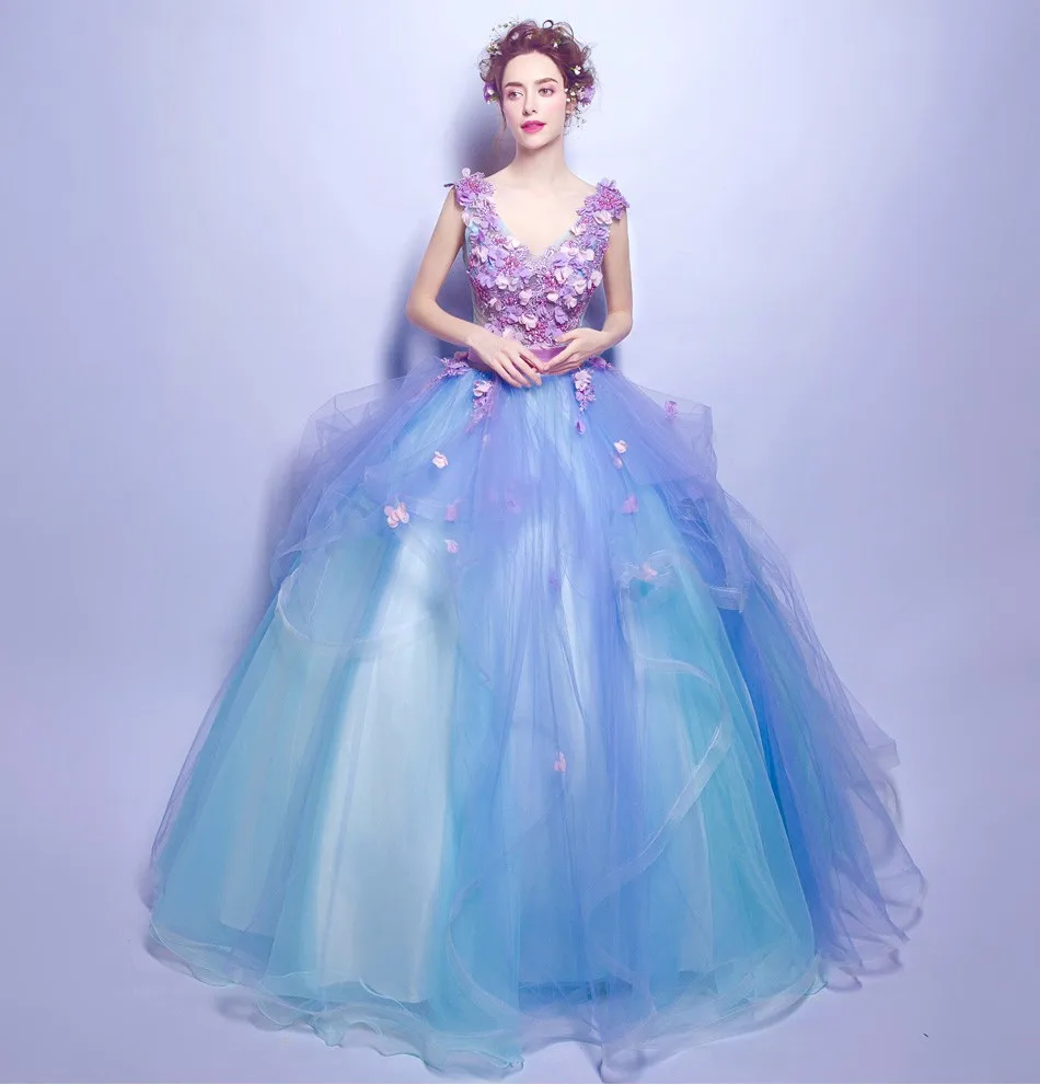 无袖深 v领婚纱礼服花彩虹七彩球 bouffant 礼服婚礼