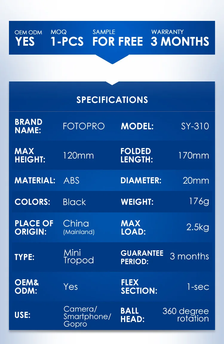 ABS tripod,3 months warranty,OEM ODM available,tripod for camera smartphone,gopro,360 degree rotation,sample for free