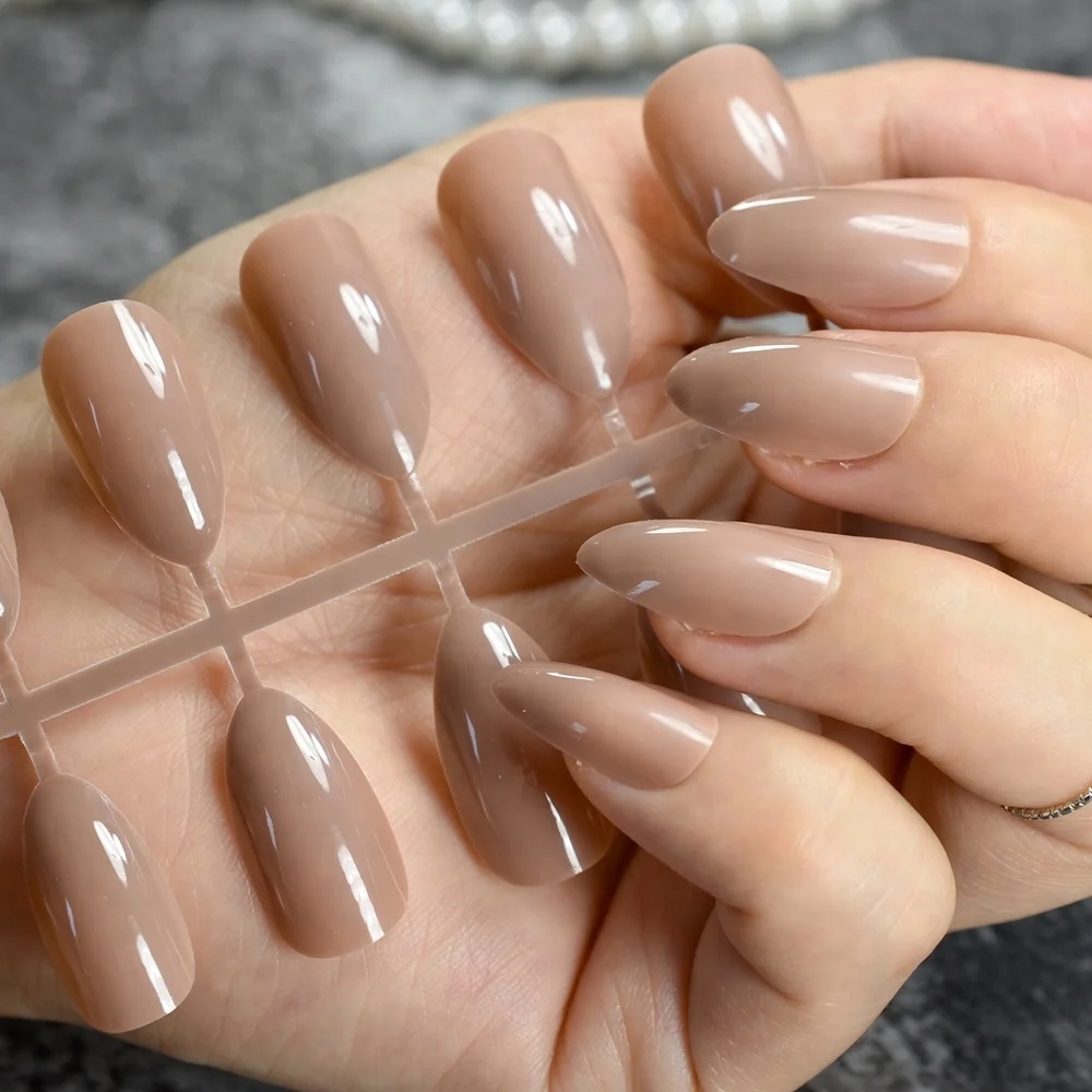 

24Pcs Candy Color Short Stiletto Nails Nude Pointed False Nail DIY Press On Nails No Glue, Light brown