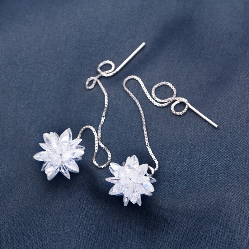 

Wholesale Clear Crystal Flower Long Drop Earrings Women 2019 Ear Wire Earrings, Silver