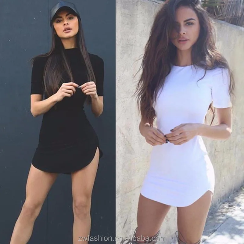 

2018 Hot Sale Blank Design Short Sleeve O Neck T-Shirt Dress Sexy Tight Mini Women T Shirt Dress, White black