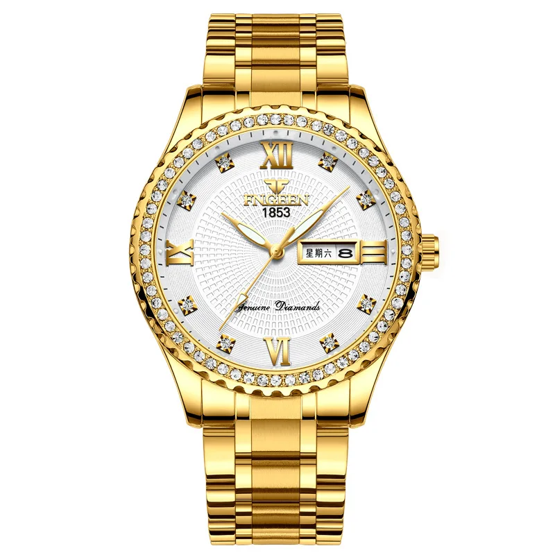 

FNGEEN S888 Classic Crystal Quartz Watch 30M Water Resistant Luminous Pointer Men Iced Out Watch For Gift, As the picture