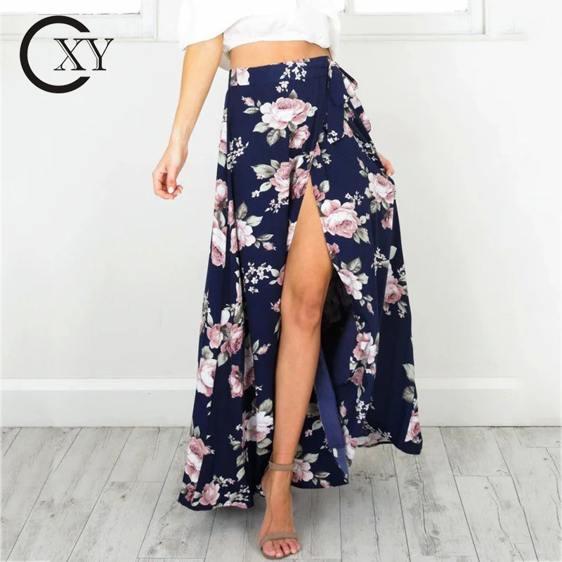 

Custom Women Stylish Boho Navy Floral Wrap Around Maxi Skirts With Side Tie Up, Picture color