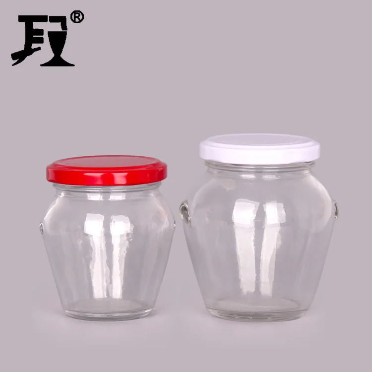 hot sell 4oz 8oz 10oz round clear glass food pickle jar with ear metal lug cap