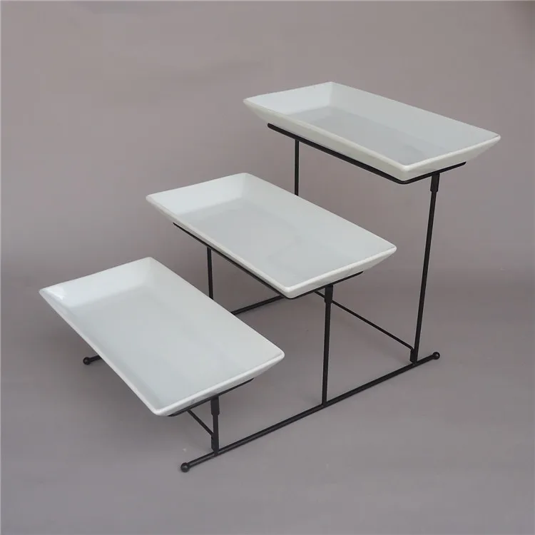 Restaurant buffet used rectangle shape white color serving plates 3 tier ceramic dish 