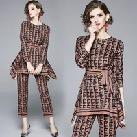 

LDY8065078 letter printed coffee brown two-piece round neck long sleeve with irregular hem T-shirt straight pants