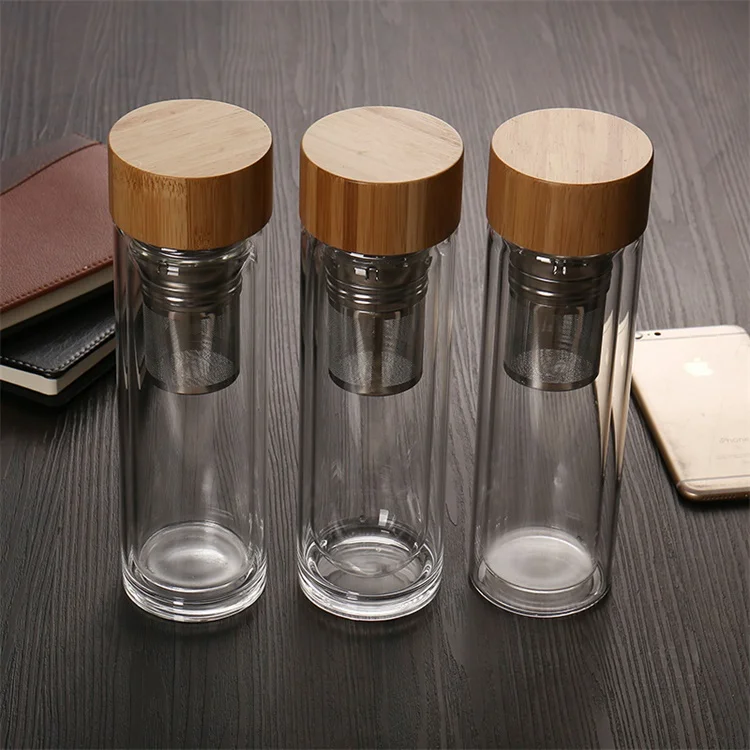 

2019 double wall portable bamboo lid glass tea infuser water bottle for office, Transparent