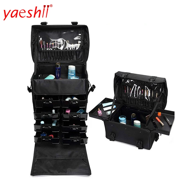 

yaeshii Rolling Makeup Case Trolley 2 in 1 Travel Cosmetic Train Cases on Wheels Nylon Bags for Professional Make Up Artist, Black/purple