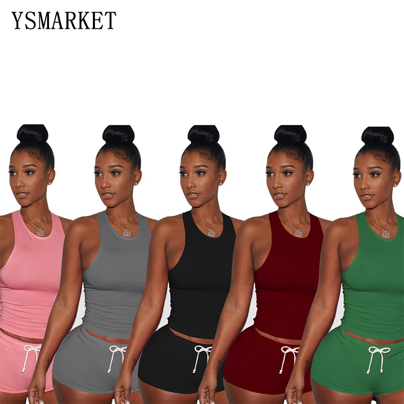 

2018 Women Casual Solid Vest Fitness Pullover Tank tops Crop Tops Shorts Workout Outfit Sets AFKM8899, Can be customized