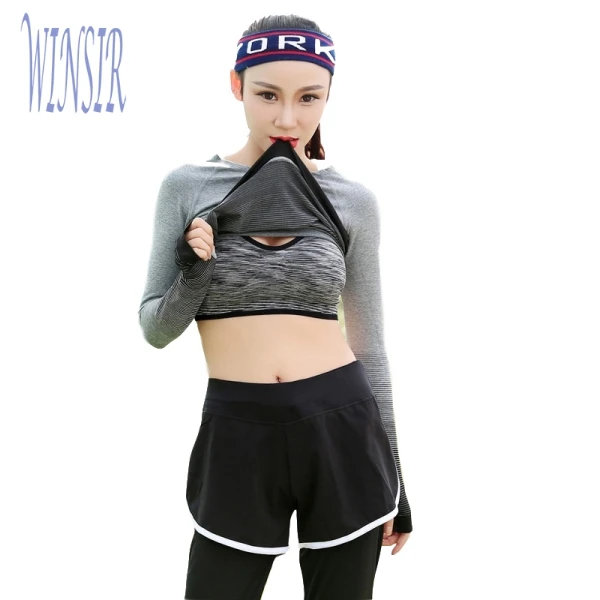 

women 3 piece set ActiveWear Workout Suits Long Sleeve T Shirt Athletic Leggings Fitness Pant And Bra Ombre Sport Yoga wear