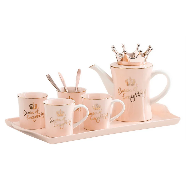 

European Styles Home Use Crown Lid Pot Four Cup with Plate with Gift Packing Ceramic Drinking Coffee Cup and Mugs with Pot Plate, White, pink, purple, blue