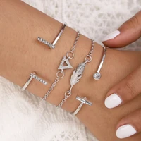 

SinDlan 2019 New Arrivals Fashion 4Pcs Crystal Leaves Geometric Silver Color Classic Bracelet Set for Women