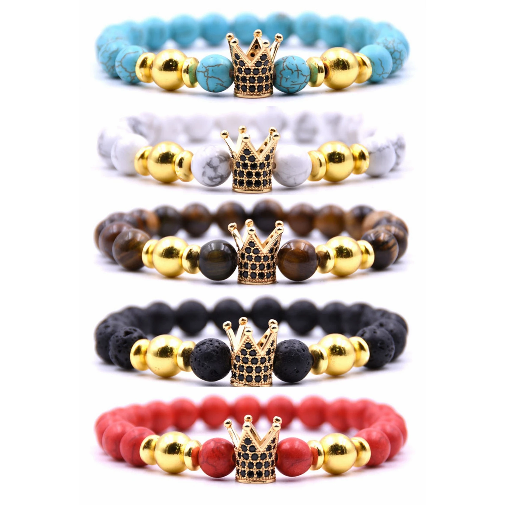 

white Turquoise gold-plated CZ King Crown Beaded Bracelet For Men and Women, Picture