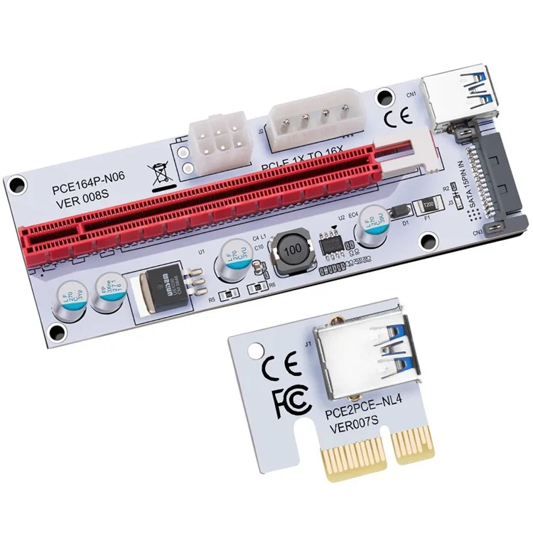 

Newest VER 008s Sata Molex 4Pin 6pin Riser PCI-E x1 x16 PCI-E Riser With 60CM USB3.0 Cable for Mining, White