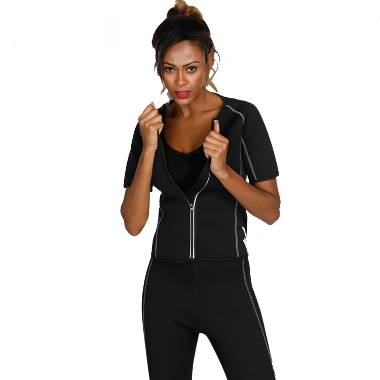 

New Style Big Size Black Short Sleeve Neoprene Luminous Zip Women Waist Body Shaper Set Slimming, As shown women shaper