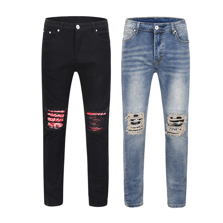 Two colors slim fit biker pantalone ripped denim homme jeans for men