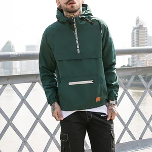 Mens jacket half zipper custom printed logo pullover 100% polyester solid color windbreaker jacket stomach pocket Mens jacket half zipper custom printed logo pullover 100% polyester solid color windbreaker jacket stomach pocket
