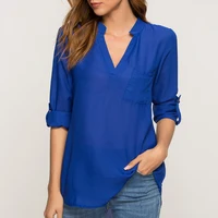 

Autumn Womens Shirts Fashion Plus Size V-Neck Pocket Womens Blouses