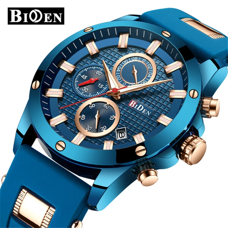 

BIDEN 0140 Luxury Men Military Blue Rubber Band Waterproof Sports Quartz Watches Fashion Brand Male Chronograph Wrist Watch