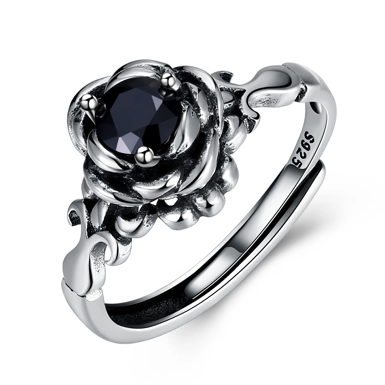 

2020 Women Fashion 925 Sterling Silver Flower Black Tourmaline Ring
