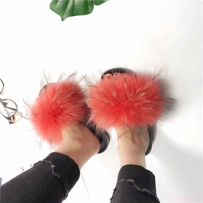 

raccoon slippers fur slippers women real fur sandals, Red ,black ,green ,orange ,brown and so on