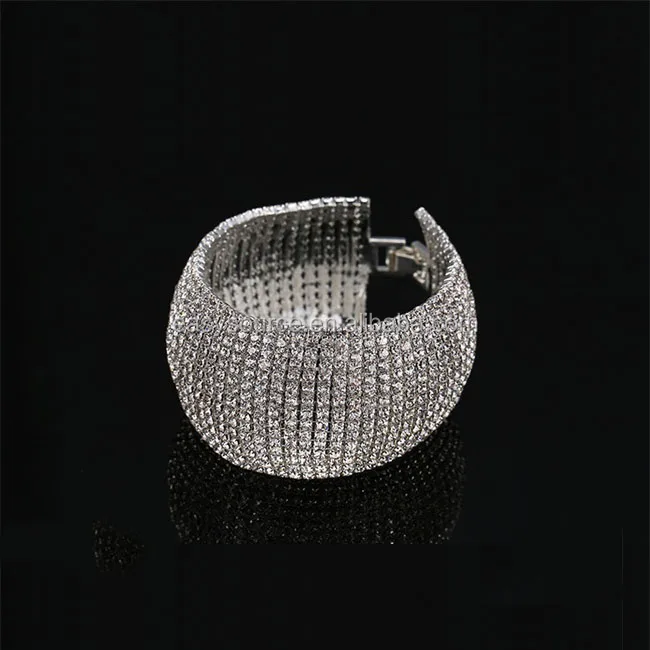 

Hot Sale Gold Plated Rhinestone Wide Band Cuff Bracelet Crystal Bangle and Bracelet for Wedding Party Prom, Silver or gold