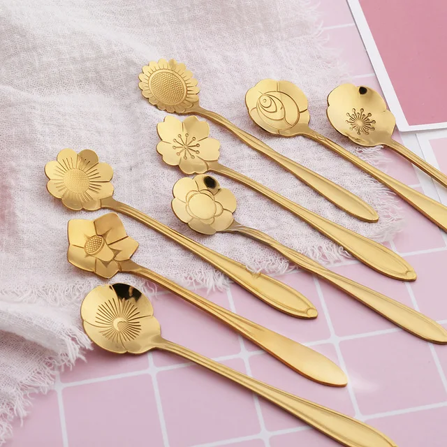 

Rose gold Stainless steel Spoon Flower Shaped Dessert Coffee Spoon Ice Cream Candy Tea Spoon