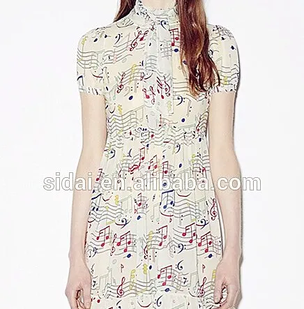 

Short sleeves high fashion ladies high collar chiffon stave print day dress