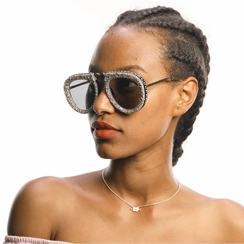 

Vintage folding pilot sunglasses women luxury crystal gravel rhinestone oversize clear eyeglasses sun glasses men shades, As picture