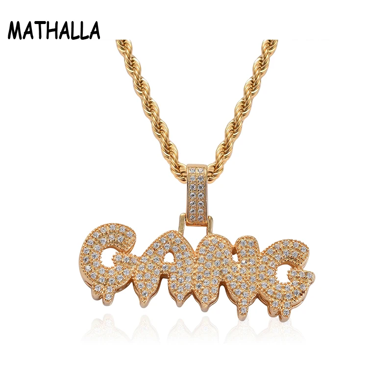 

Hiphop Jewelry Micro Pave CZ Zircon Stone GANG Letters Pendent Iced Out Name Charm Gold Brass Necklace 2019, Gold;silver